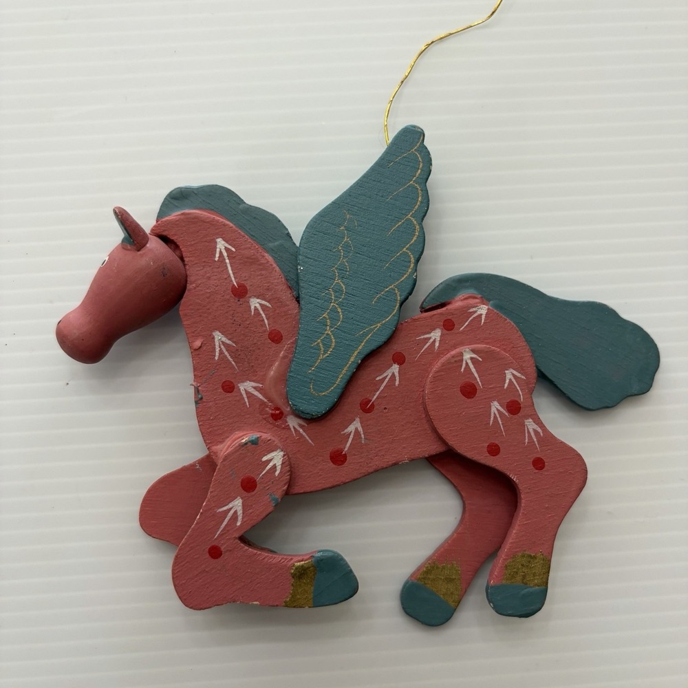 Vintage Pink Pegasus Christmas Ornament Unicorn Pink Blue Folk Art